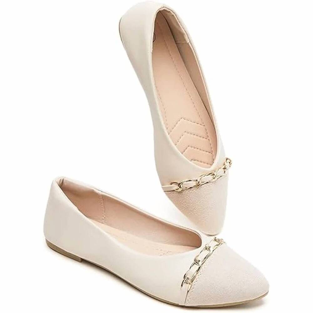 NEW BABUDOG women's pointy toe gold chain slide on dress flats shoes in tan
